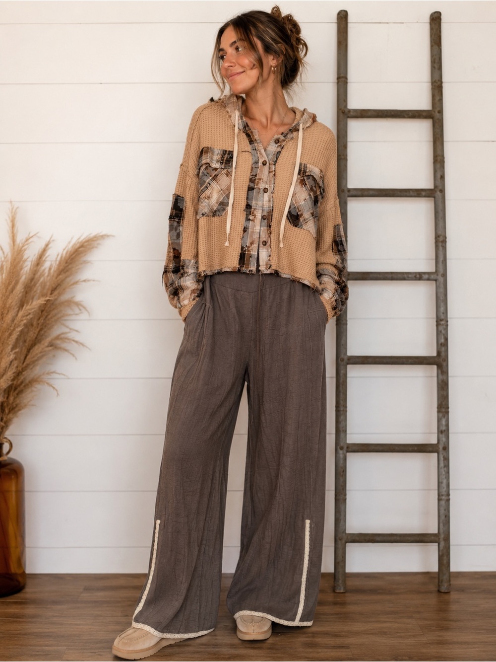 POL Wide Leg Linen-Blend Pants and Plaid Sweater Jacket